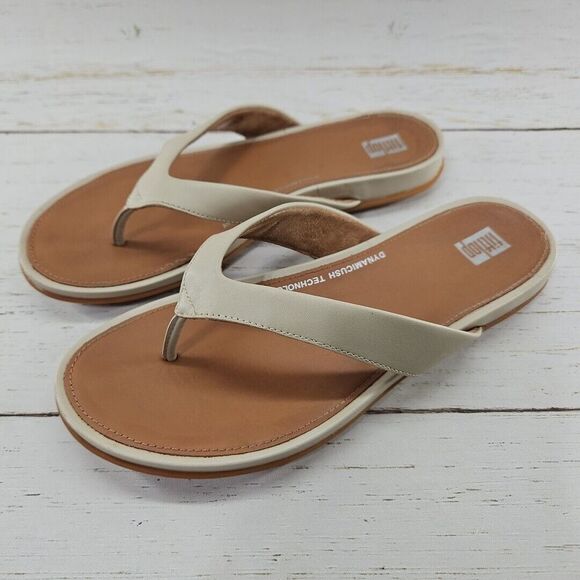 FitFlop Gracie Womens Size 6 Stone Beige Leather Thong Flip Flop Sandals E08-A20 - Picture 1 of 8
